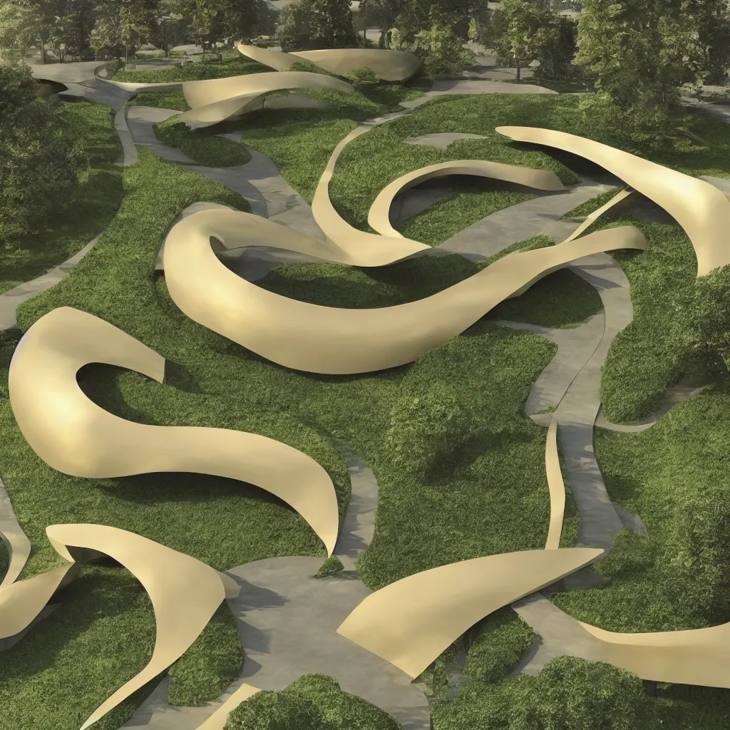 Image similar to “ an incredibly smooth curvilinear architectural sculpture, unfolding continuous golden surfaces enclose a visually interesting garden designed by zaha hadid, architecture render ”