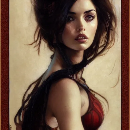 Image similar to half length portrait of a woman who is a mix of ana de armas and megan fox, seduction spell, d & d, medieval, fantasy, royo, klimt, miro, vallejo, frazetta, alphonse mucha, greg rutkowski, whealan