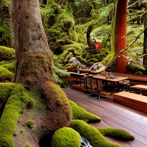 Image similar to pacific northwest tea house, moss, reishi mushrooms, teapots, forest themes, beautiful elaborate interior design, modern teahouse design, j-tea international