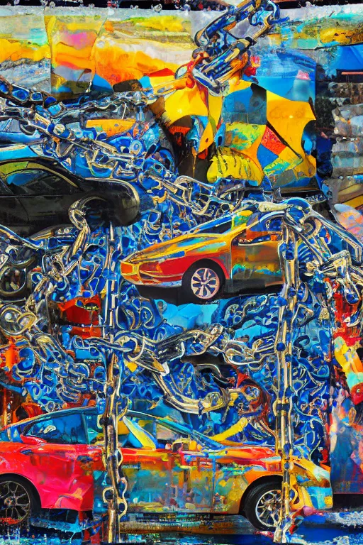 Image similar to car wash, big chain, collage, acrylic on canvas, expressionism movement, breathtaking detailed, by blake neubert