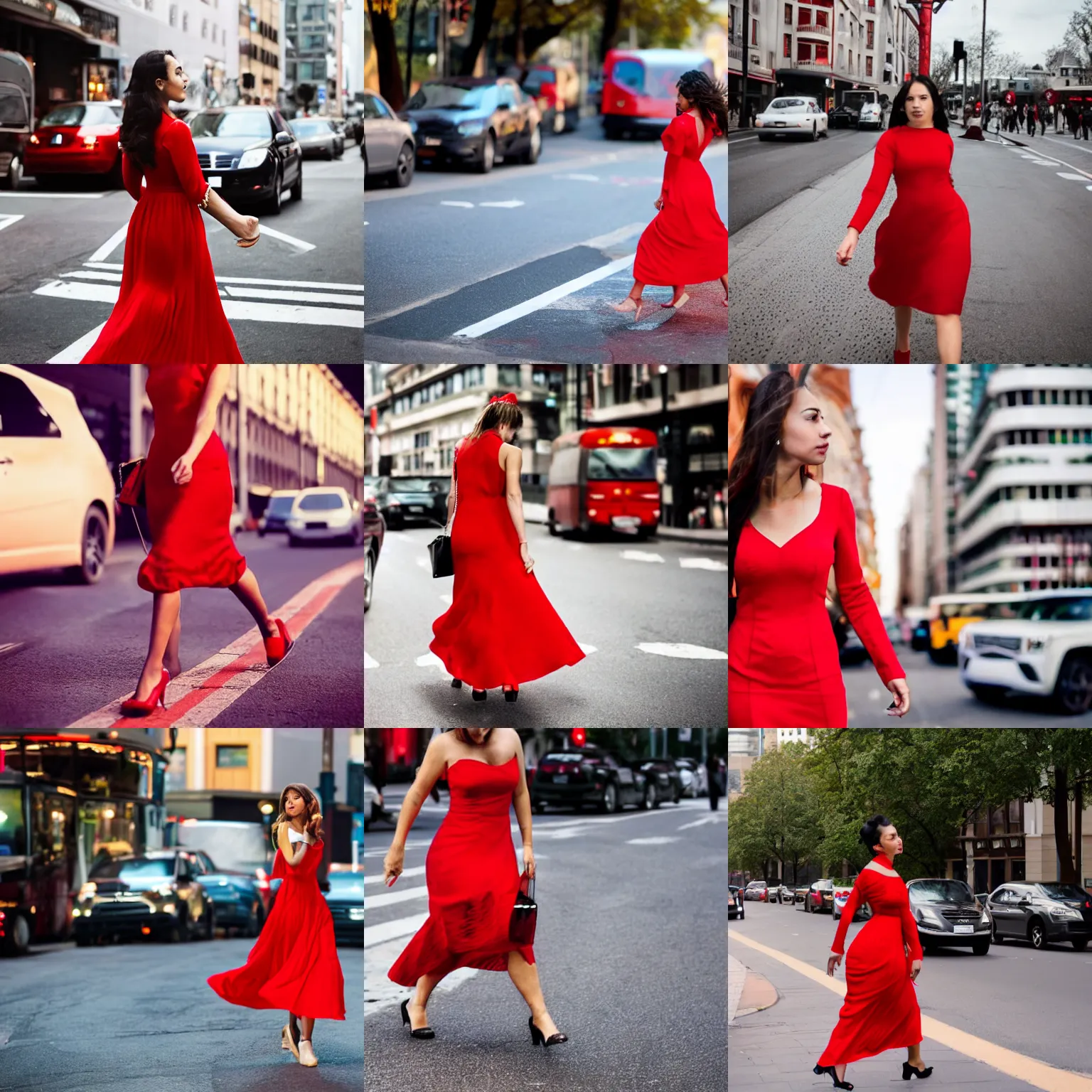 Prompt: Beautiful, Attractive, Symmetrical, Perfect, Adorable, Romantic Woman in a Red Dress, Woman in light red clothing, walking through traffic approaching a redlight