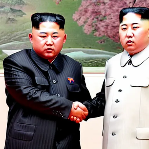 Prompt: lil uzi vert shaking hands with Kim jong un. Picture taken to show them in front of an explosion