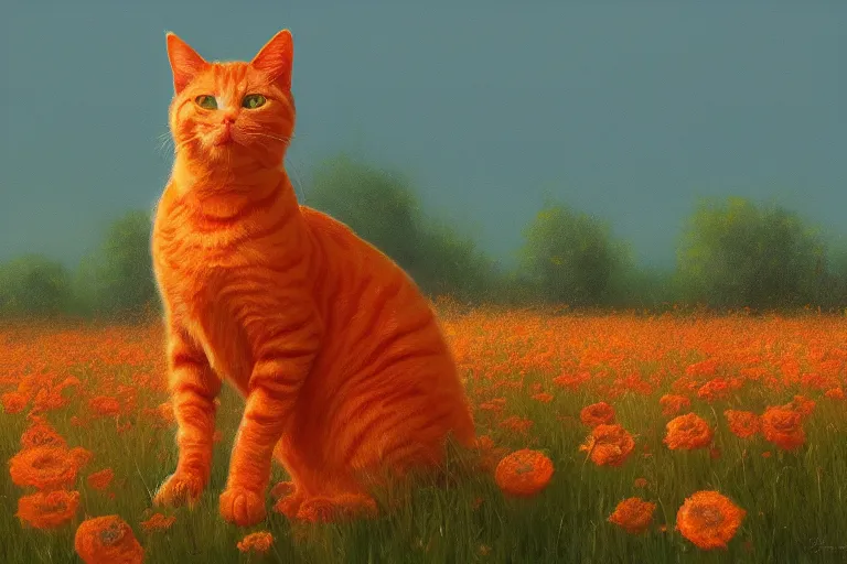 Prompt: a painting of an ultra realistic highly detailed orange cat standing in a field of flowers by craig mullins, golden hour, trending on artstation, color field, concept art, artstation hd, matte drawing