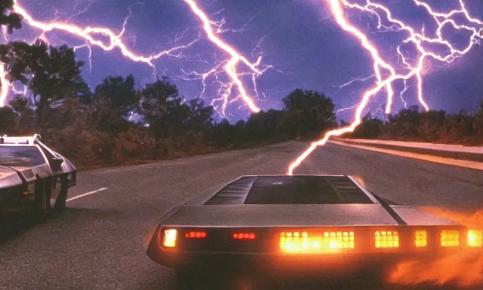 Image similar to scene from back to the future, delorean driving fast, lightning, fire, driving through portal