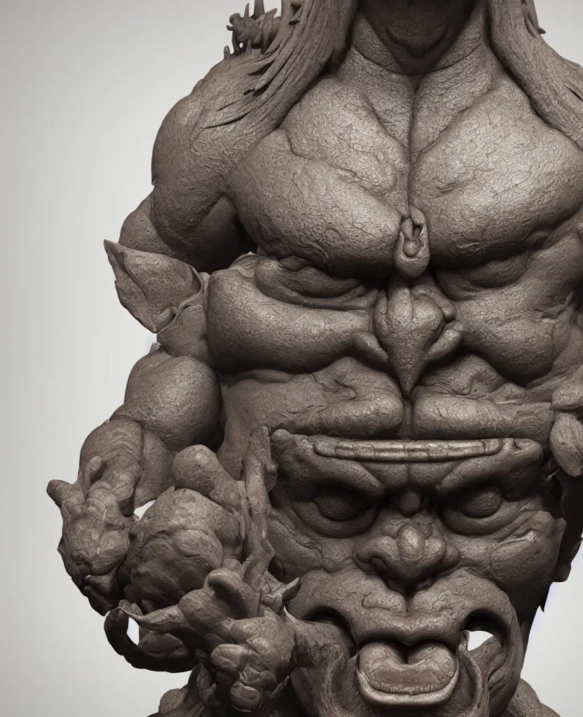Image similar to ancient japanese, oni iron statue, bust portrait body, kamakura period, hyper realistic, texture details, high fidelity, like arsen asyrankulov, octane render,