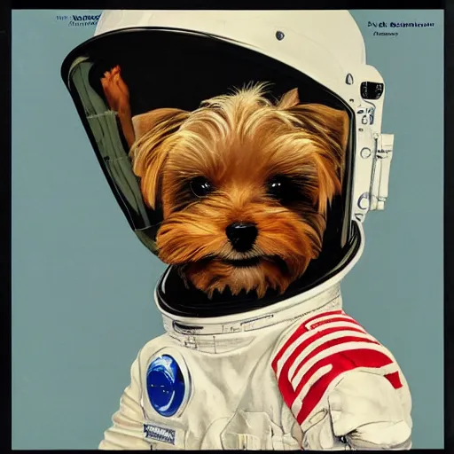 Image similar to A Yorkshire Terrier in a space suit, its face, smiling, clearly visible inside the helmet, art by Norman Rockwell, art by William Buguerau /imagine https://discord.com/channels/1002292111942635562/1005628033945837620/1006191040228753459