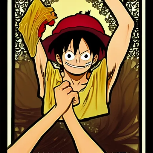 Image similar to monkey d. luffy in the style of alphonse mucha