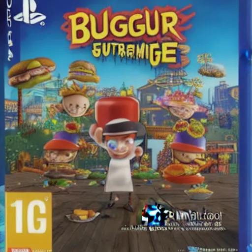 Image similar to video game box art of a ps 5 game called burgertime : recharged, 4 k, highly detailed cover art.