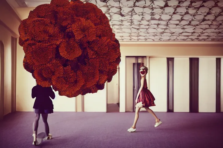 Image similar to giant flower head, girl walking in 1 9 6 0 hotel, surreal, symmetry, flat space, fanciful, hue, detailed, wes anderson