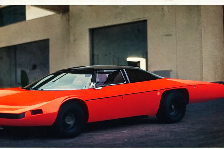 Image similar to designed by giorgetto giugiaro stylized poser of a 1 9 7 0 s kinetic high - speed car chase ektachrome photograph volumetric lighting f 8 aperture cinematic eastman 5 3 8 4 film