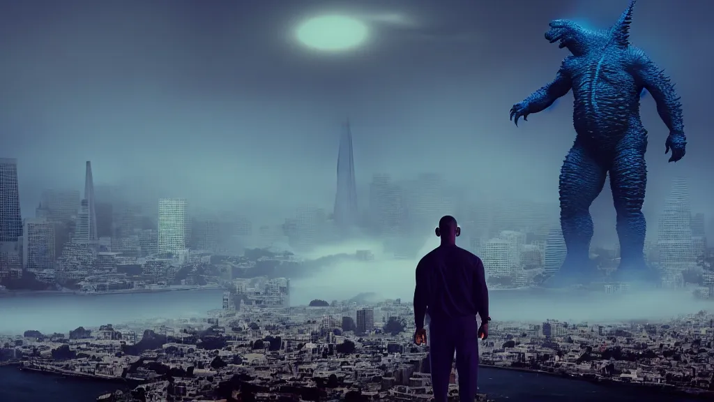 Prompt: Godzilla sized bodybuilder Obama looms over a foggy San Francisco ; render by Beeple, 4K; unreal, epic scene; ominous; bizarre world; odd world; ultra fine details; ultra-realistic depth shading