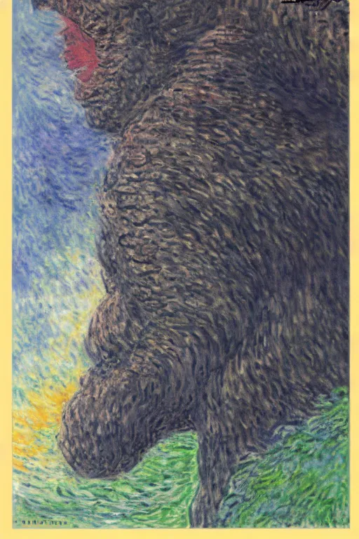 Image similar to portrait of shinzo abe as Godzilla painting by claude monet