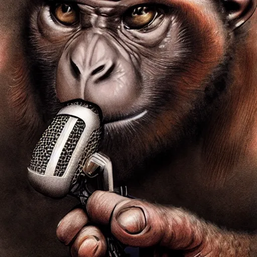 Image similar to Chimera of Joe Rogan and a monkey talking into a microphone, single subject, portrait, intricate, highly detailed, concept art, smooth, sharp focus