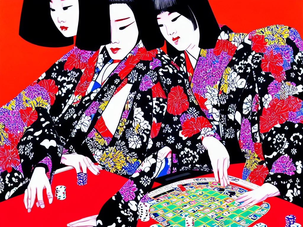 Image similar to hyperrealistic composition of the detailed woman in a japanese kimono sitting at a extremely detailed poker table with hyperdetailed darth vader, fireworks, mountain fuji on the background, pop - art style, jacky tsai style, andy warhol style, acrylic on canvas