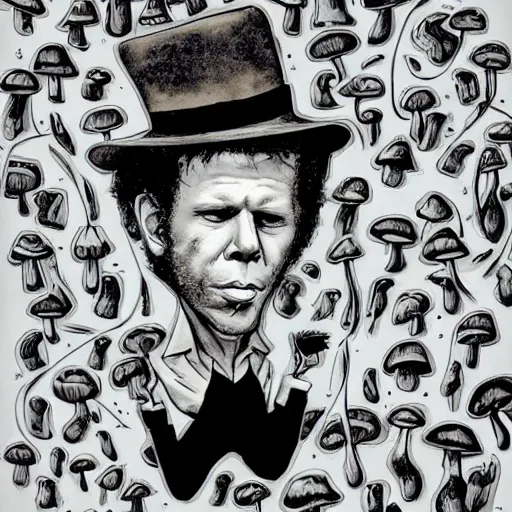 Image similar to tom waits in a world of mushrooms, by Stephen Bliss