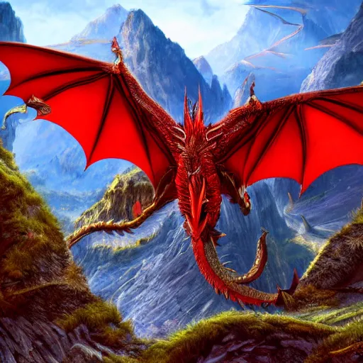 Prompt: red dragon flying in mountain landscape, digital art, epic, fantasy, intricate, hyper detailed, devianart, concept art, smooth, sharp focus, ray tracing, vibrant, photorealistic, rj palmer, rossier, jessica