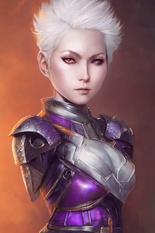 Image similar to A realistic anime portrait of a short white haired female rogue wearing an intricate medium armor, middle eastern, purple eyes, digital painting, by Stanley Artgerm Lau, Sakimichan, WLOP and Rossdraws, digtial painting, trending on ArtStation, SFW version