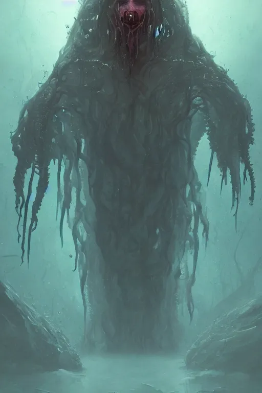 Image similar to demonic lovecraftian cult leader, watery grave, digital art, in the style of greg rutkowski, trending on artstation