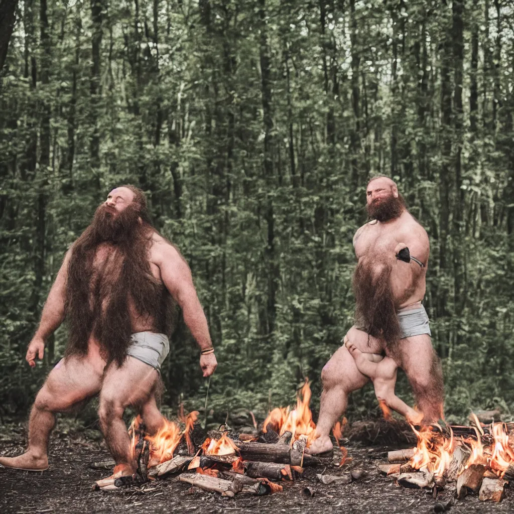 Prompt: big hairy strongmen in shorts in a forest, cuddling and kissing around a campfire, daddy energy, wholesome, cute, love, photography, high details, epic, high resolution