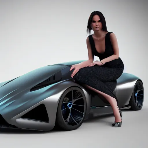 Image similar to ultra detailed woman sitting on a futuristic sport car, highly detailed, sharp focus, octane render, global illumination