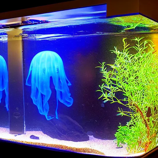 Image similar to frontal shot of aquarium at night, big blue glow jellyfish are emitting lights, glossy reflections, volume lighting, glow, soft and detailed, beautiful lighting,