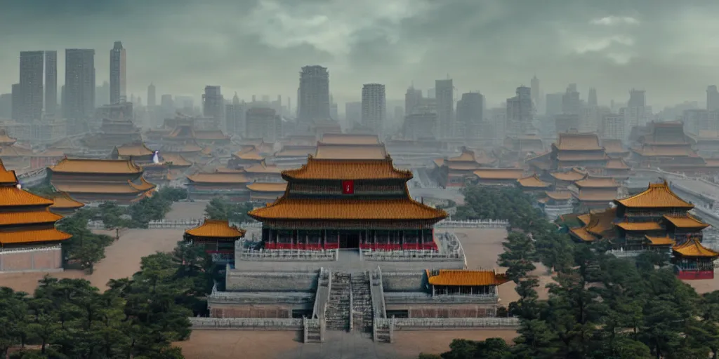 Prompt: a very high resolution image from a new movie, cyberpunk building and forbidden city, front view, photorealistic, photography, directed by wes anderson