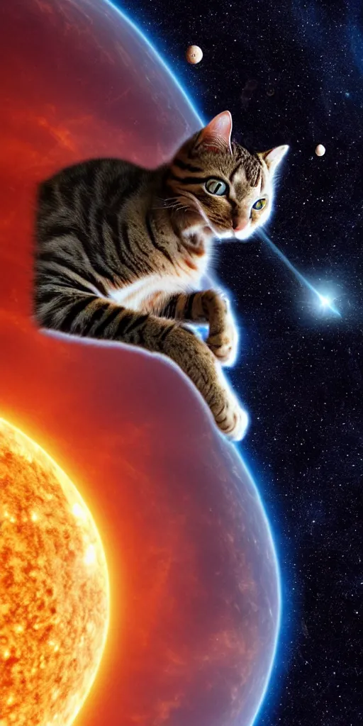 Image similar to a feline astronaut returning to our solar system from a distant galaxy