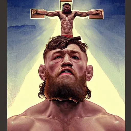 Prompt: hulking conor mcgregor crucified on the cross, masterpiece, intricate, elegant, highly detailed, digital painting, artstation, concept art, smooth, sharp focus, illustration, art by artgerm and greg rutkowski and alphonse mucha and uang guangjian and gil elvgren and sachin teng, symmetry!!