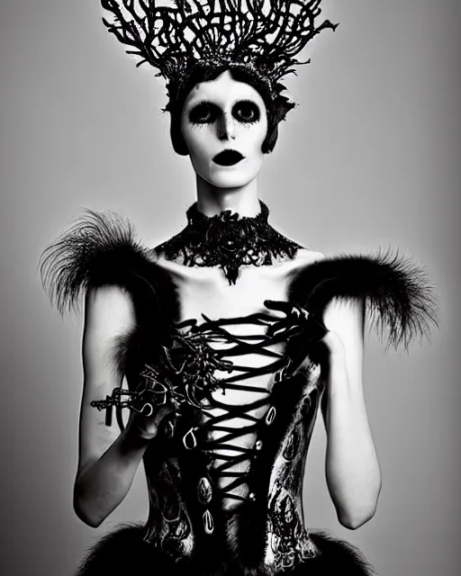 Prompt: surreal dark poetic black and white photo portrait of complex bio-mechanical beautiful young silver female vegetal-cyborg with a fur metal fine lace face, a very long neck and a fine metal floral foliage super big gothic lace collar and crown by Vivienne Westwood:: smoke, high fashion, haute couture, rococo, avant-garde, silver filigree details, anatomical, facial muscles, cable wires, microchip, elegant, dreamy, foggy atmosphere, hyper realistic, 150 mm lens, soft rim light, octane render, unreal engine, picture was taken in 1910 by Man Ray, volumetric lighting, dramatic light,8k,