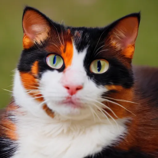 Prompt: photograph of a calico cat looking lovingly at the camera