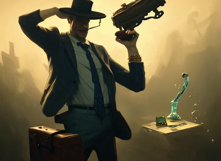 Image similar to amazing portrait of gangster spongebob with a thompson and a briefcase, deiv calviz, splash art, natural light, elegant, intricate, fantasy, atmospheric lighting, by greg rutkowski, league of legends splash art, hd wallpaper, ultra high details