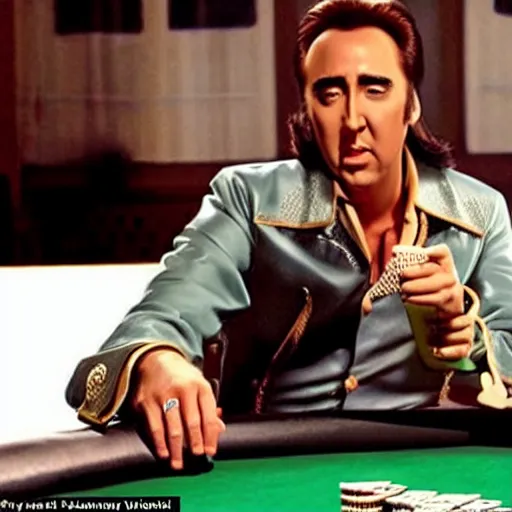 Image similar to nicolas cage as elvis presley playing the guitar over a poker table