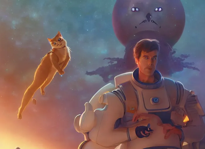 Image similar to a space handsome gay guy and his pet space cat staring role in a musical sci - fi space opera ghibli animated film, volumetric lighting, octane render by stanley artgerm lau, greg rutkowski, thomas kindkade, alphonse mucha, loish, norman rockwel, 8 k greg rutkowski