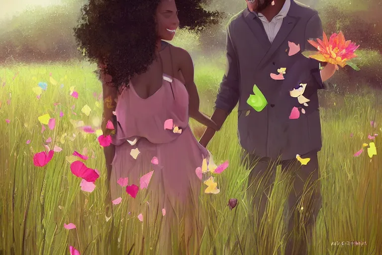 Prompt: happy black man and woman holding hands strolling through lush grass surrounded by falling flower petals, digital painting by artgerm and face by wlop