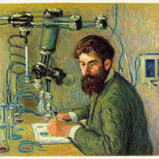 Image similar to a young man with brown hair and short beard building a robot in his lab in berlin by monet