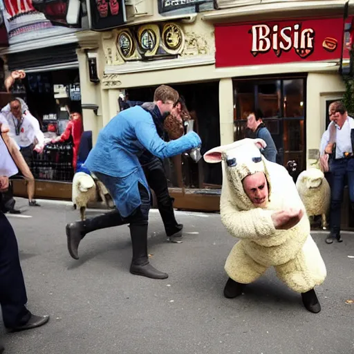 Image similar to man in sheep costume fighting outside a british pub