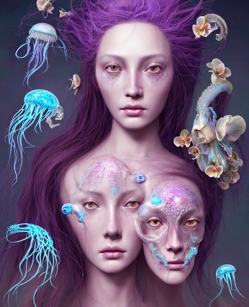 Image similar to goddess close-up portrait of princess face and ram skull. eyes. jellyfish phoenix head, nautilus, orchid, skull, betta fish, bioluminiscent creatures, intricate artwork by Tooth Wu and wlop and beeple. octane render, trending on artstation, greg rutkowski very coherent symmetrical artwork. cinematic, hyper realism, high detail, octane render, 8k