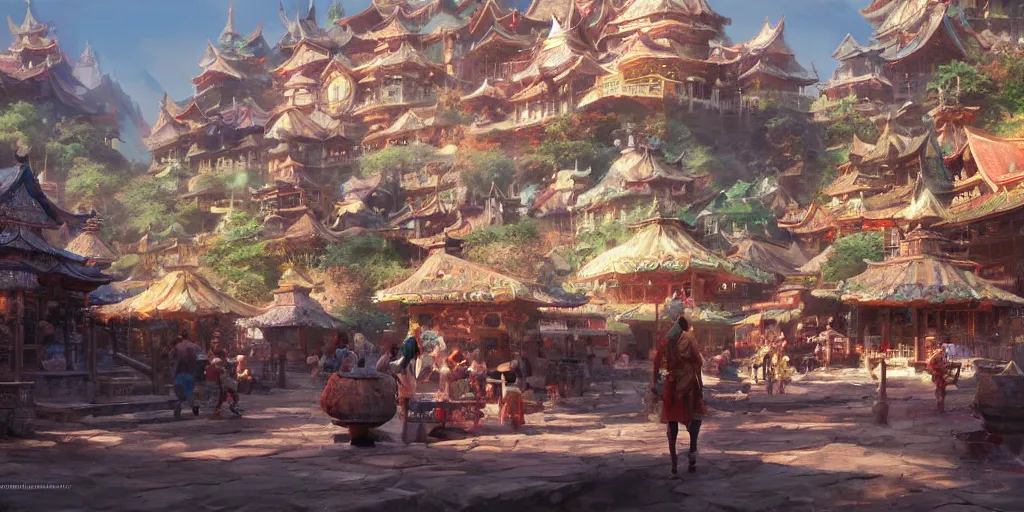 Prompt: A beautiful painting of a fantasy asian town, by Craig Mullins and Fred church, hd, wide angle lens, cinematic, very detailed, Trending on artstation.