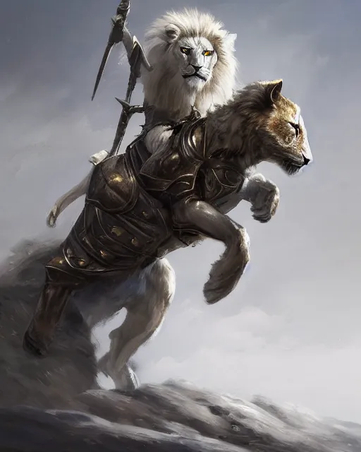 Prompt: oil painting of Anthropomorphized White Lion General in Battle, wearing armor, wearing fur cloak, sharp focus, holding Sabre, heroic pose, fantasy style, octane render, volumetric lighting, 8k high definition, by greg rutkowski, highly detailed, trending on art Station, magic the gathering artwork, Battlefield backround, centered