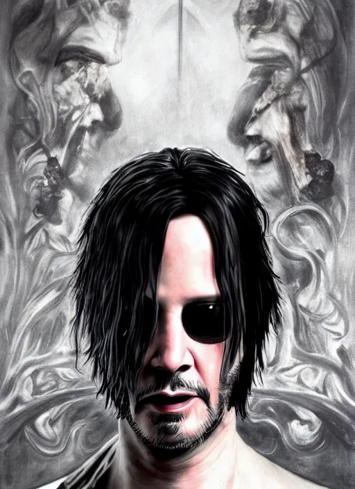 Prompt: keanu reeves neo from matrix 1 as sandman, with fingers and hair turning into smoke, vertigo, shaved, pale skin!, goth, bauhaus, fantasy, intricate, elegant, highly detailed, digital painting, artstation, concept art, wallpaper, smooth, sharp focus, illustration, art by artgerm and greg rutkowski and alphonse mucha