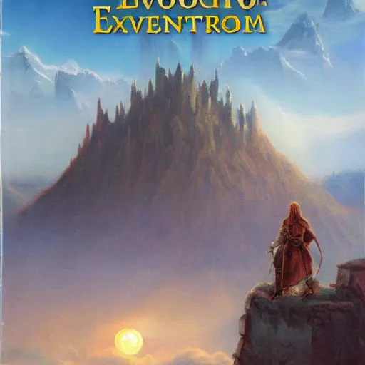 Prompt: Fantasy novel cover, group of adventurers overlook cliff, distant castle city, red moon in the sky