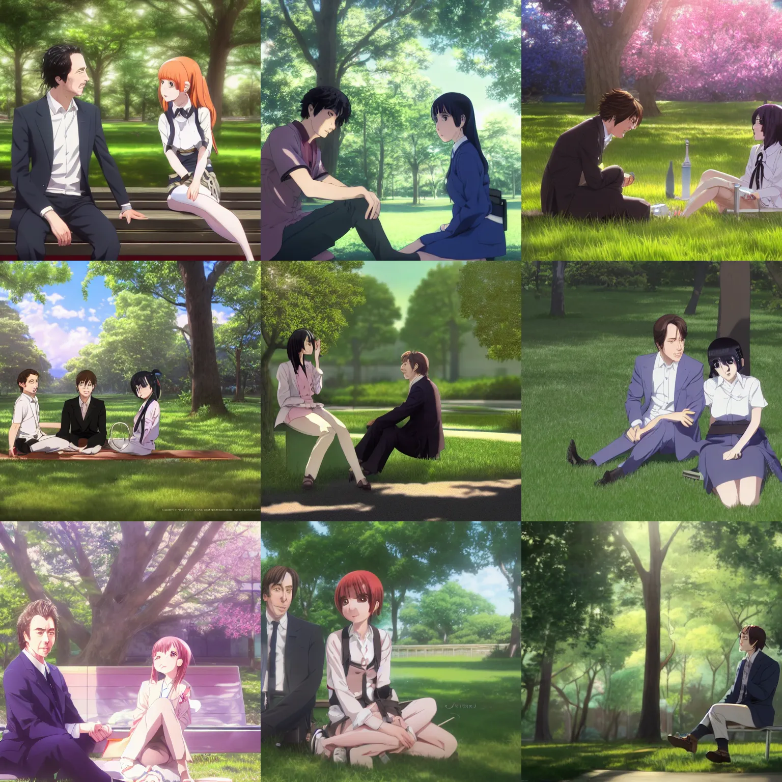 Prompt: photorealistic, highly detailed Jimmy McGill meets a beautiful smiling anime girl with black hair and hime cut sitting under a tree, anime key visual, digital art, anime screenshot, kyoto animation, makoto shinkai, trending on artstation