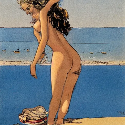 Prompt: woman on an italian beach, by milo manara