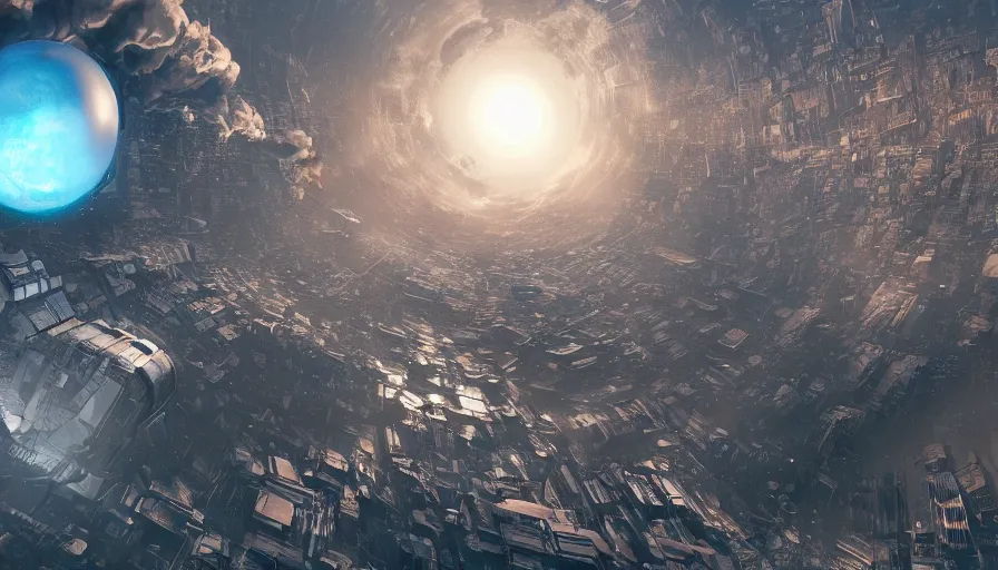 Image similar to giant metallic sphere falling to the sky and destroying city, hyperdetailed, artstation, cgsociety, 8 k