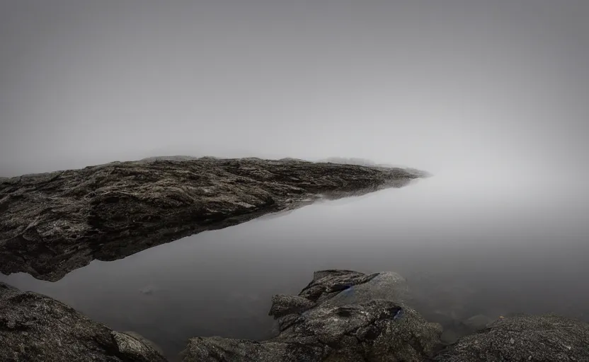 Prompt: extreme low angle camera lens partially submerged in water showing the surface of a lake with a rocky lake shore in the foreground, scene from a film directed by charlie kaufman ( 2 0 0 1 ), foggy volumetric light morning, extremely moody, cinematic trending on artstation in the style of greg rutkowski, shot on anamorphic lenses