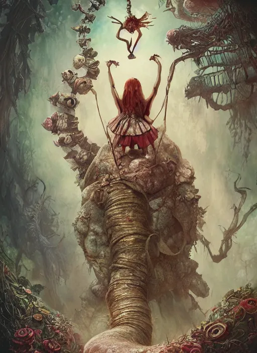 Prompt: Alice in Wonderland catepillar hanged man Tarot card,highly detailed,cinematic,8k,by Stanley Artgermm,Tom Bagshaw,Greg Rutkowski,Carne Griffiths, Ayami Kojima, Beksinski, Giger,trending on DeviantArt,hyper detailed,horror, full of colour