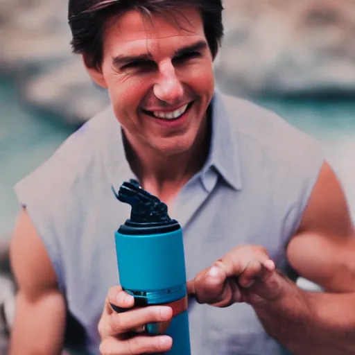 Prompt: photo of tom cruise holding a tiki torch cinestill, 8 0 0 t, 3 5 mm, full - hd