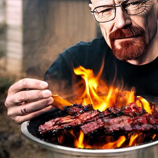 Image similar to walter white eating bbq, photography,