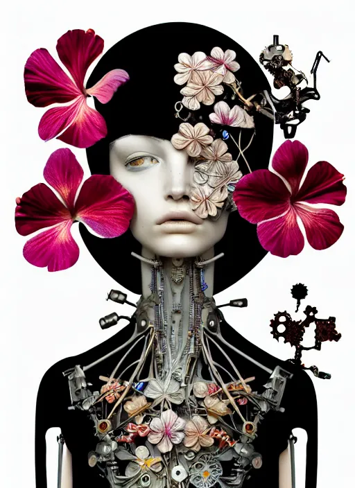 Image similar to fragile delicate biomechanical young female cyborg with porcelain translucent profile face and a big floral eye, big leaves foliage and stems, hibiscus flowers, boho floral fashion by alexander mcqueen, rim light, art nouveau fashion pearl embroidered collar, steampunk, on black background