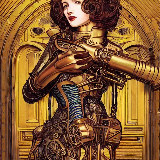 Prompt: brass semi - mechanical woman, headshot portrait, floral art novuea dress, art by moebius, j. c. leyendecker, john bauer, in steampunk cityscape designed by victor horta, golden hour, dark shadows, robotic prosthetic limbs, symmetrical